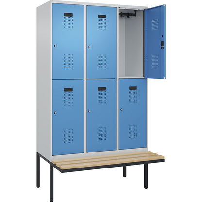 Evolo PLUS bench seat double deck clothes locker, 3 compartments, light grey / light blue, W 1200 mm, cylinder lock, with cantilevered bench seat, beech.