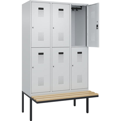 Evolo PLUS bench seat double deck clothes locker, 3 compartments, light grey / light grey, W 1200 mm, cylinder lock, with cantilevered bench seat, beech.