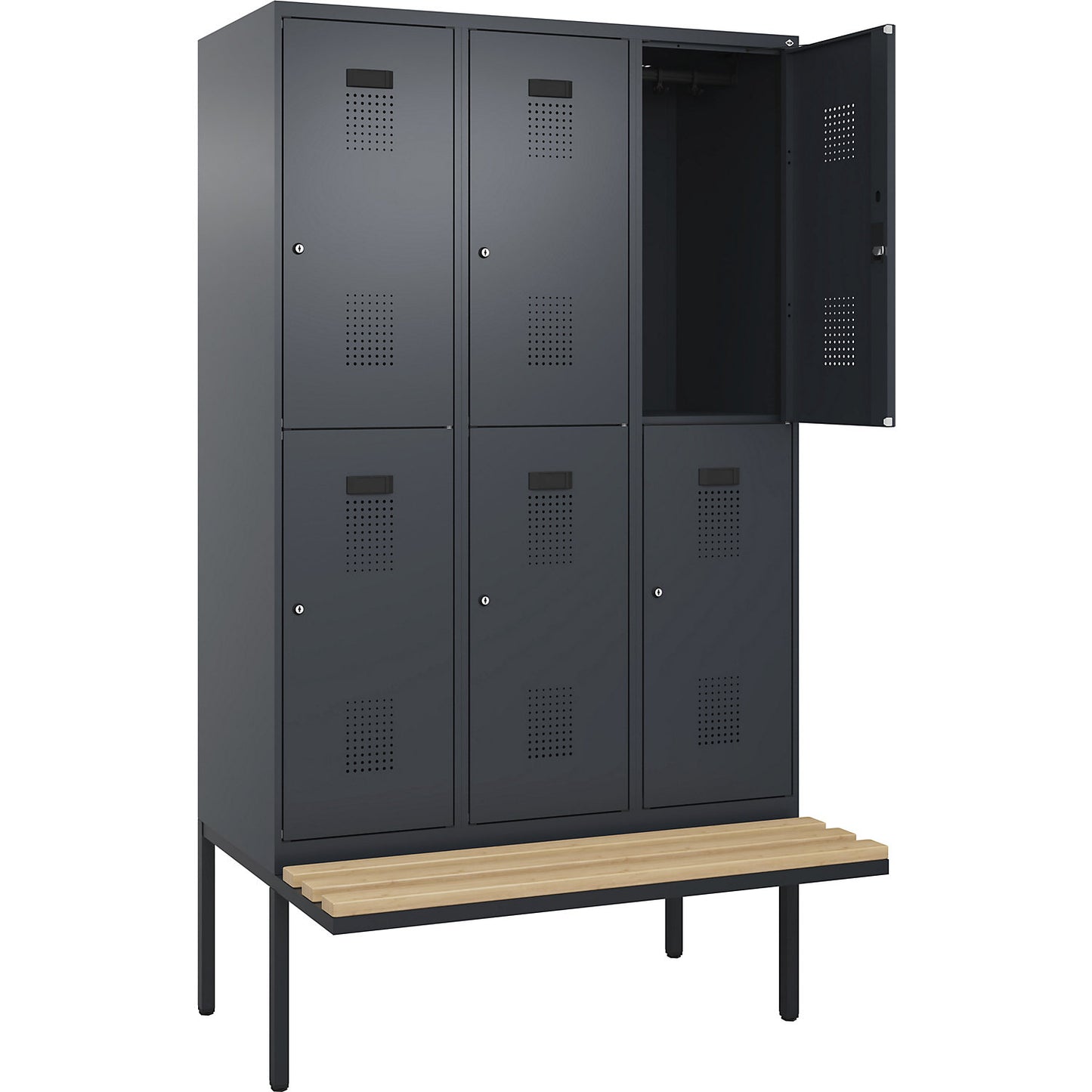 Evolo PLUS bench seat double deck clothes locker, 3 compartments, grey, W 1200 mm, cylinder lock, with cantilevered bench seat, beech.