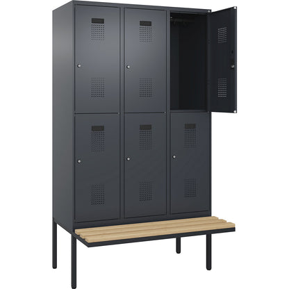 Evolo PLUS bench seat double deck clothes locker, 3 compartments, grey, W 1200 mm, cylinder lock, with cantilevered bench seat, beech.