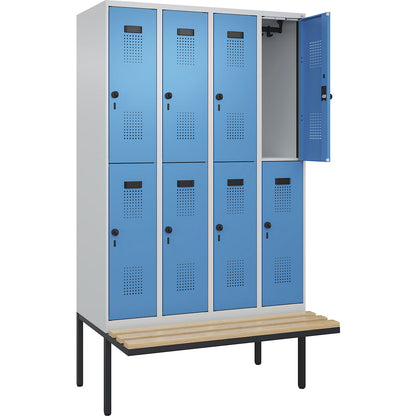 Evolo PLUS bench seat double deck clothes locker, 4 compartments, light grey / light blue, W 1200 mm, security rotary bolt, with cantilevered bench seat, beech.