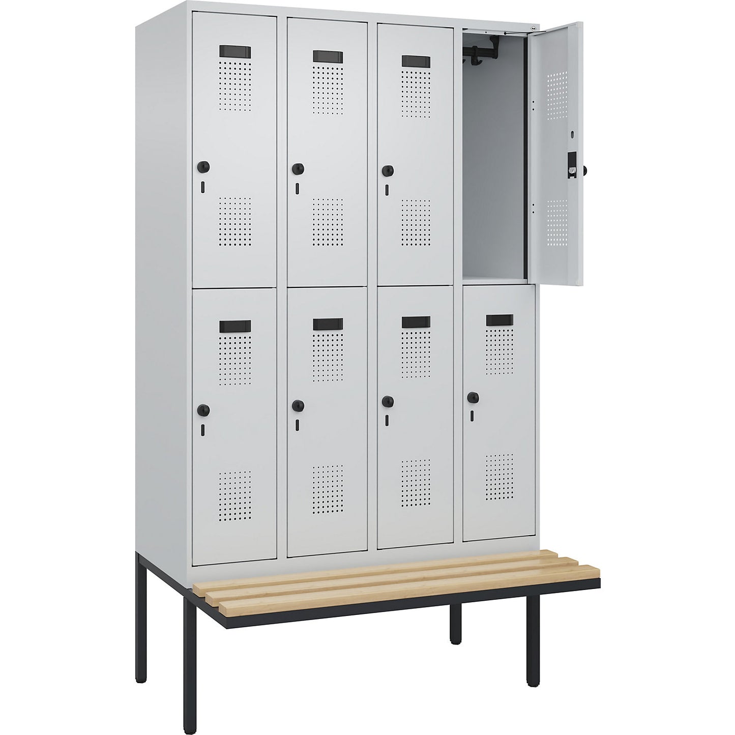 Evolo PLUS bench seat double deck clothes locker, 4 compartments, light grey / light grey, W 1200 mm, security rotary bolt, with cantilevered bench seat, beech.