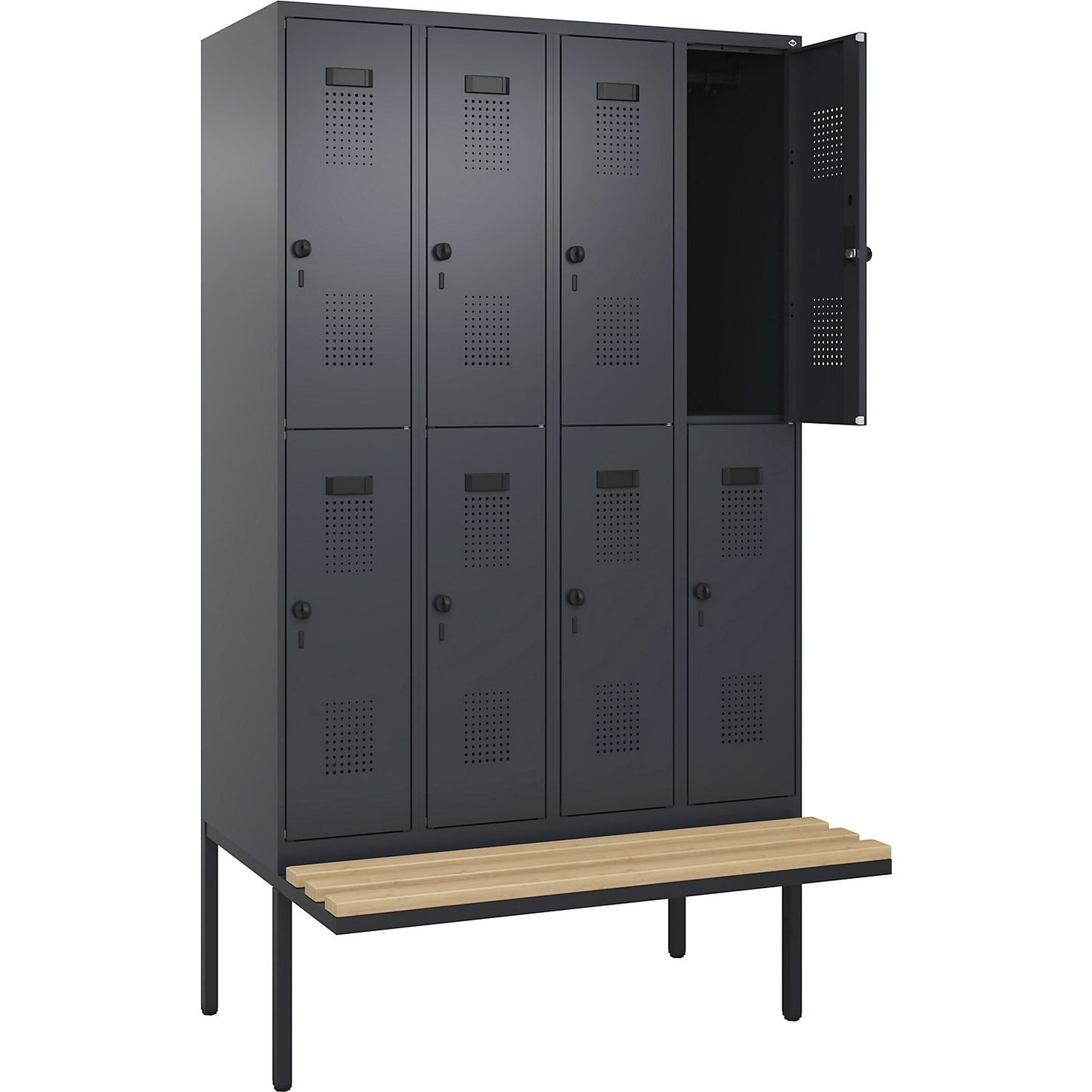 Evolo PLUS bench seat double deck clothes locker, 4 compartments, grey, W 1200 mm, security rotary bolt, with cantilevered bench seat, beech.