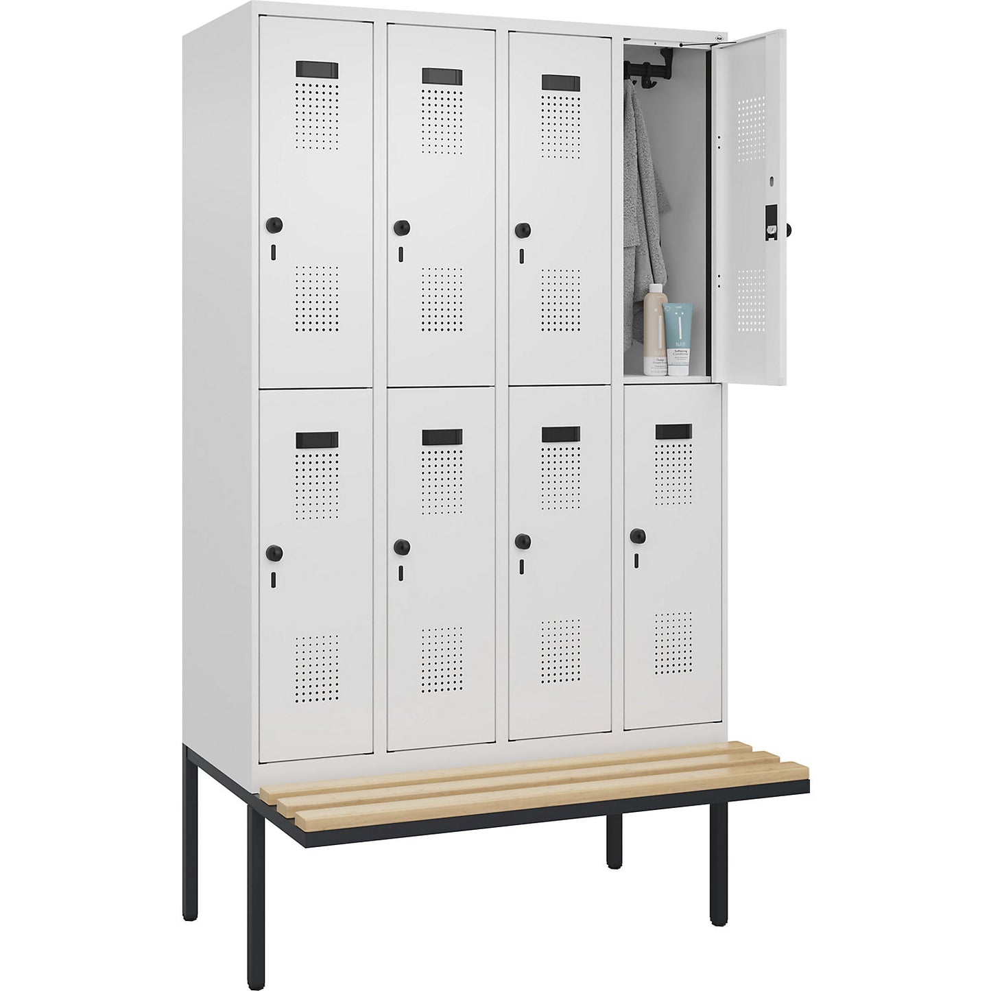 Evolo PLUS bench seat double deck clothes locker, 4 compartments, white, W 1200 mm, security rotary bolt, with cantilevered bench seat, beech.