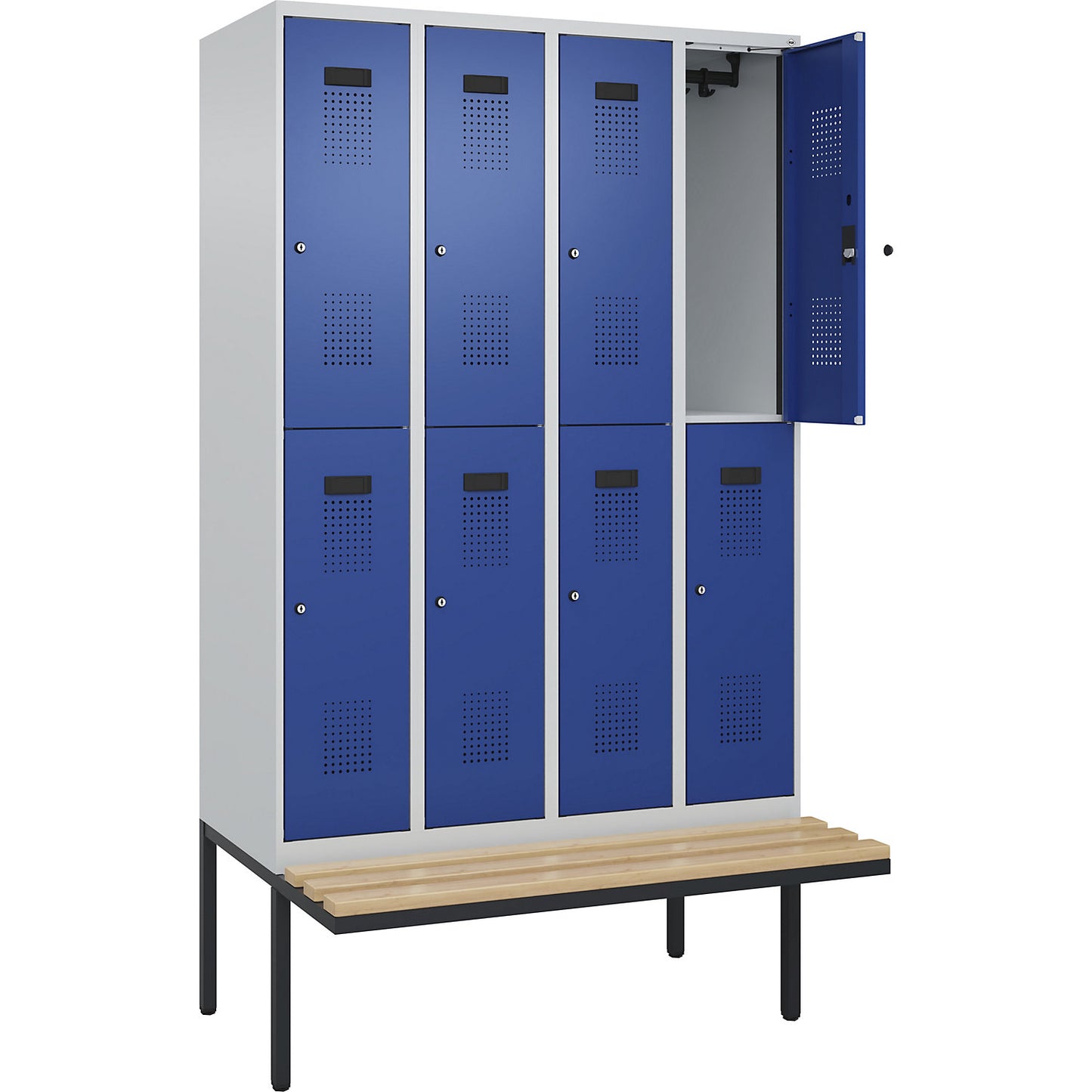 Evolo PLUS bench seat double deck clothes locker, 4 compartments, light grey / gentian blue, W 1200 mm, cylinder lock, with cantilevered bench seat, beech.