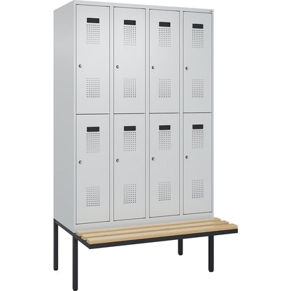 Evolo PLUS bench seat double deck clothes locker, 4 compartments, light grey / light grey, W 1200 mm, cylinder lock, with cantilevered bench seat, beech.