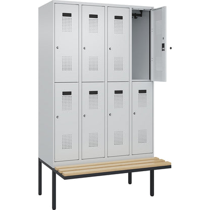 Evolo PLUS bench seat double deck clothes locker, 4 compartments, light grey / light grey, W 1200 mm, cylinder lock, with cantilevered bench seat, beech.