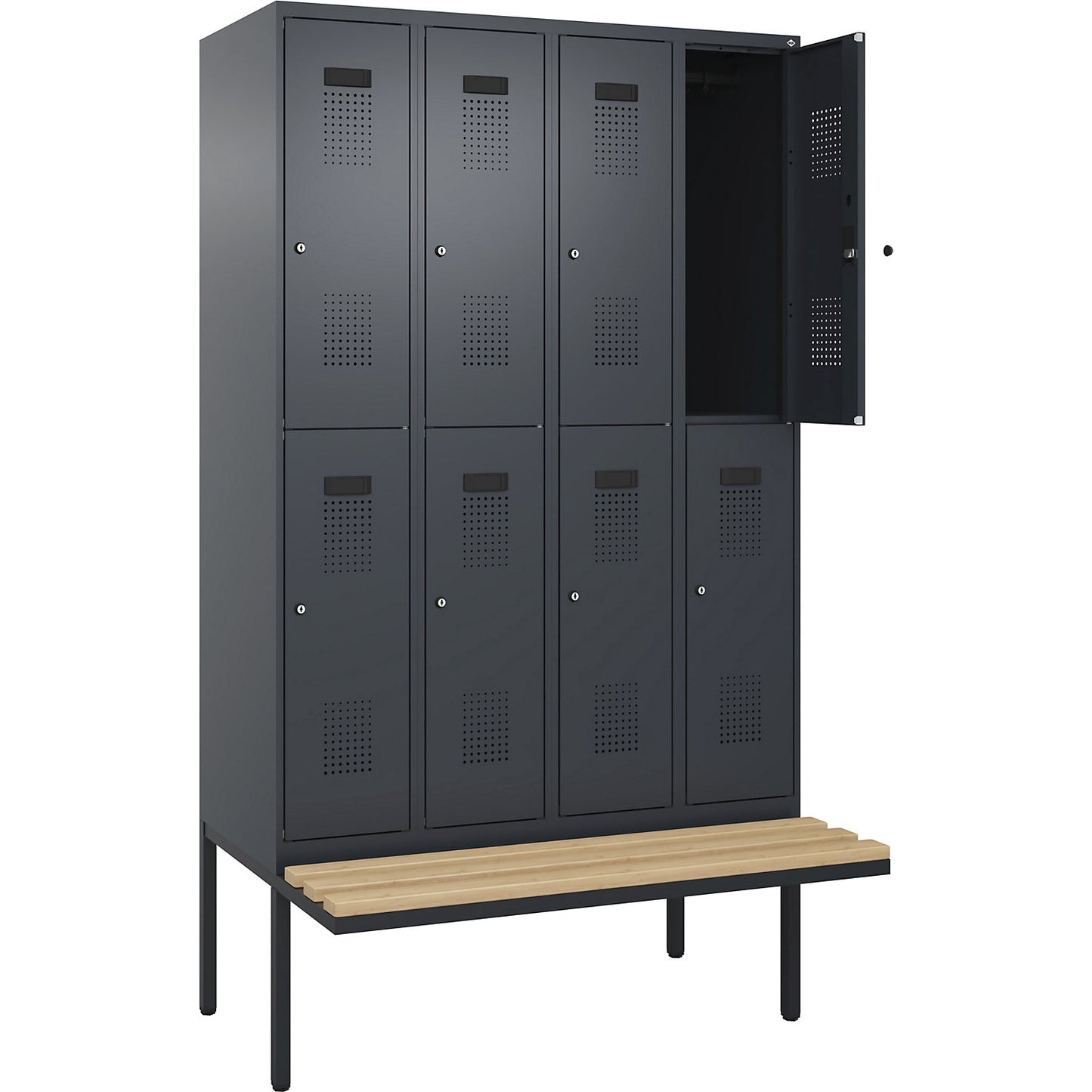 Evolo PLUS bench seat double deck clothes locker, 4 compartments, grey, W 1200 mm, cylinder lock, with cantilevered bench seat, beech.