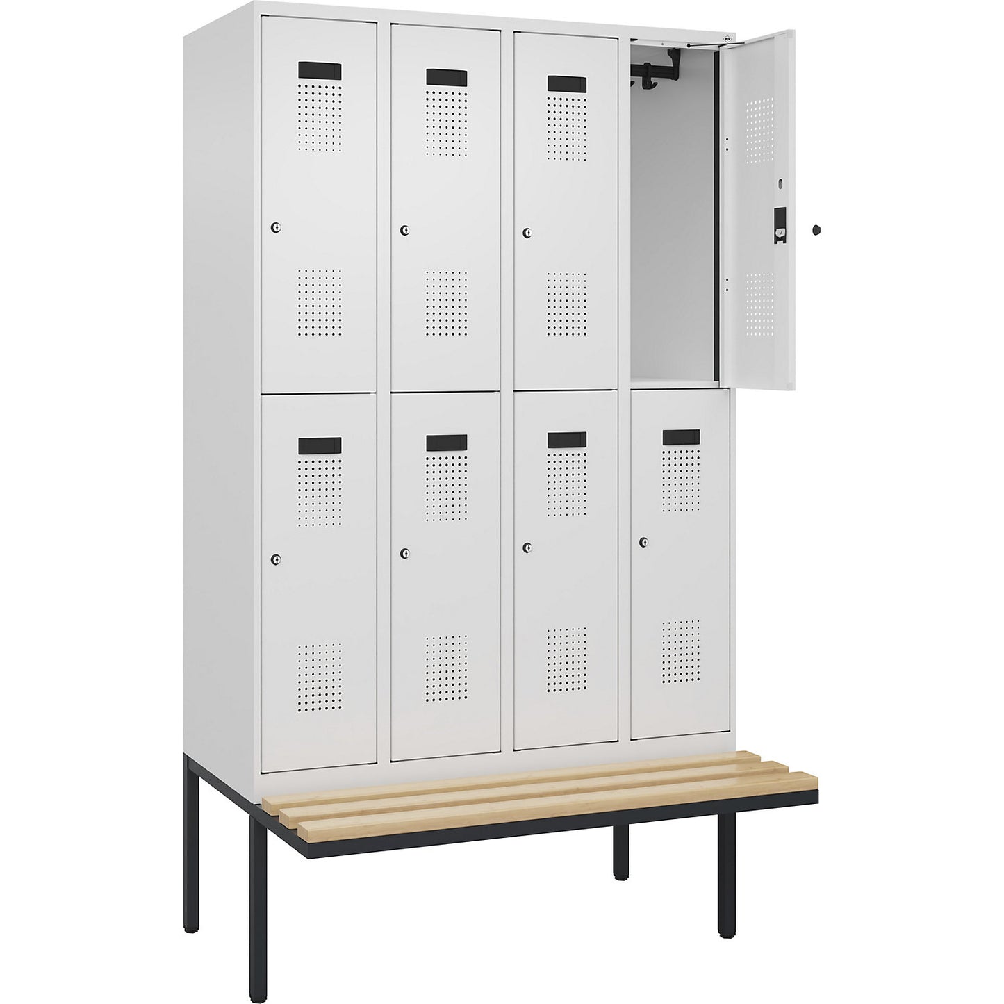 Evolo PLUS bench seat double deck clothes locker, 4 compartments, white, W 1200 mm, cylinder lock, with cantilevered bench seat, beech.