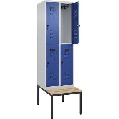 Evolo PLUS bench seat double deck clothes locker, 2 compartments, light grey / gentian blue, W 600 mm, security rotary bolt, with bench fitted below, beech.