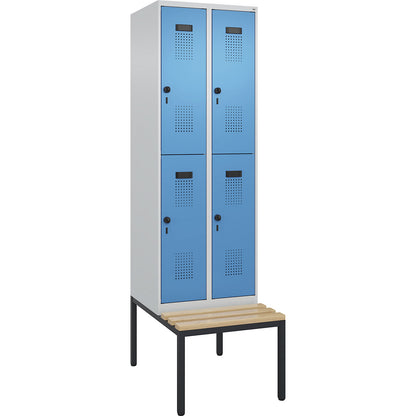 Evolo PLUS bench seat double deck clothes locker, 2 compartments, light grey / light blue, W 600 mm, security rotary bolt, with bench fitted below, beech.