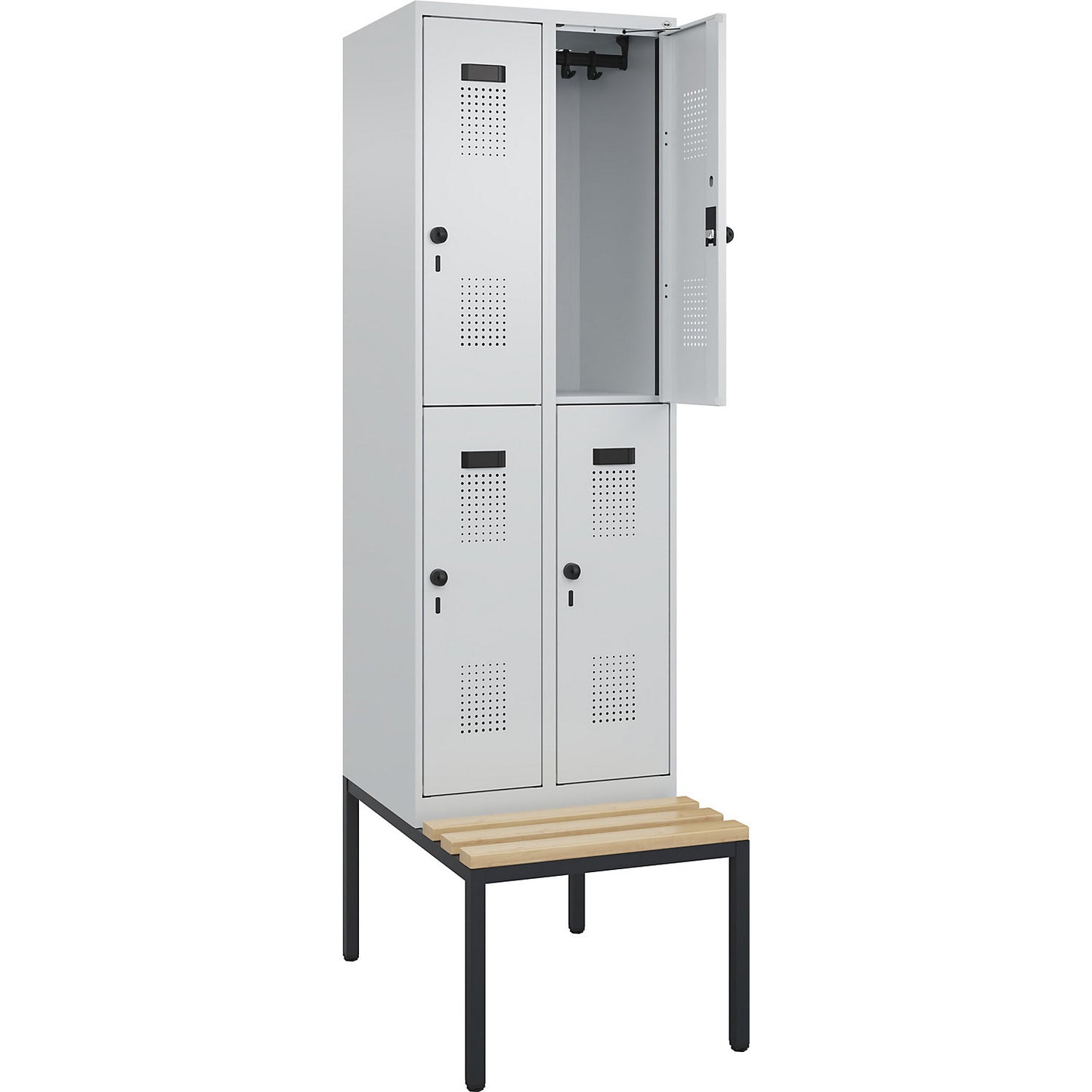 Evolo PLUS bench seat double deck clothes locker, 2 compartments, light grey / light grey, W 600 mm, security rotary bolt, with bench fitted below, beech.