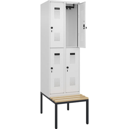 Evolo PLUS bench seat double deck clothes locker, 2 compartments, white, W 600 mm, security rotary bolt, with bench fitted below, beech.