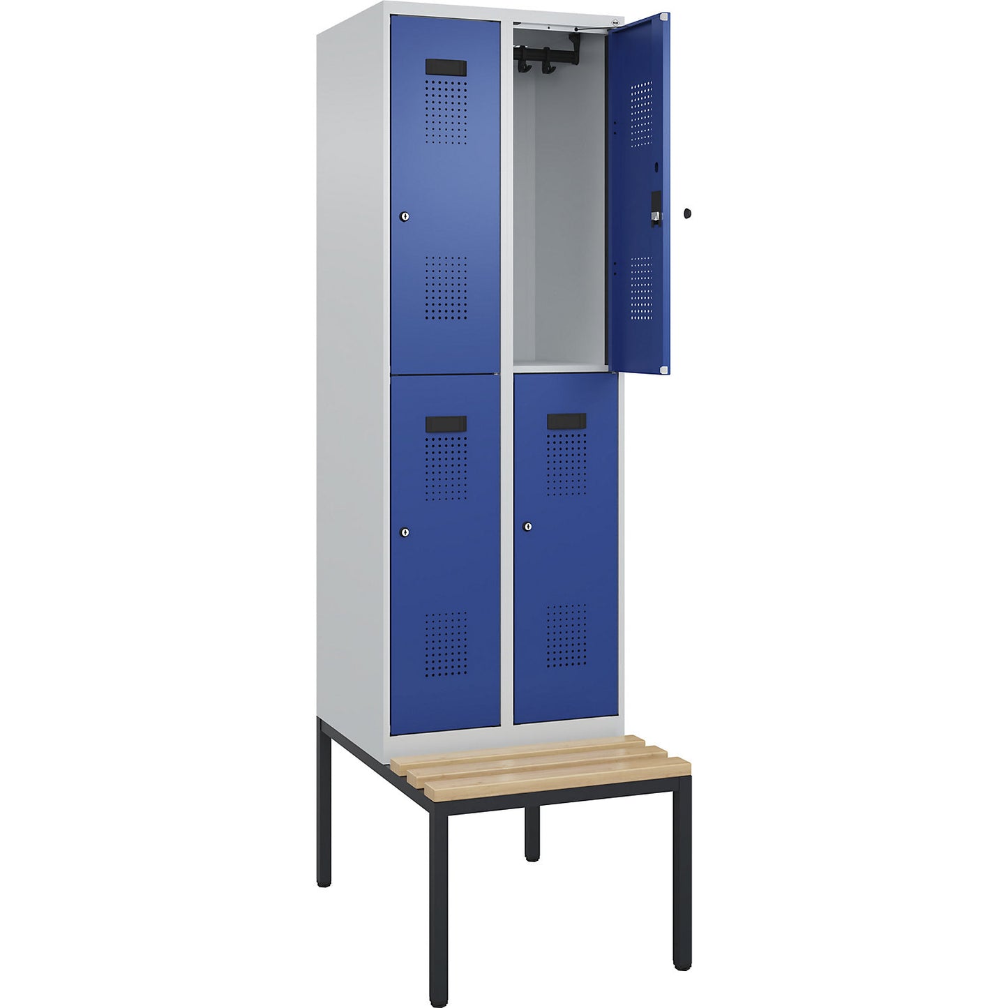 Evolo PLUS bench seat double deck clothes locker, 2 compartments, light grey / gentian blue, W 600 mm, cylinder lock, with bench fitted below, beech.