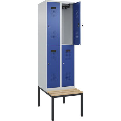 Evolo PLUS bench seat double deck clothes locker, 2 compartments, light grey / gentian blue, W 600 mm, cylinder lock, with bench fitted below, beech.