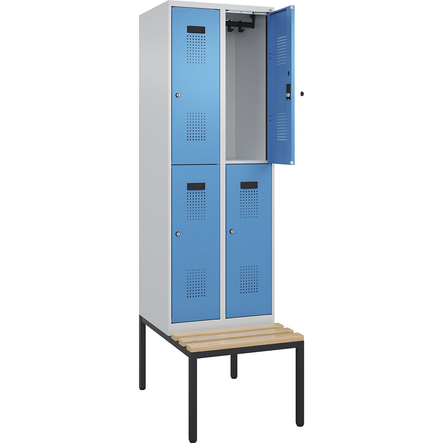 Evolo PLUS bench seat double deck clothes locker, 2 compartments, light grey / light blue, W 600 mm, cylinder lock, with bench fitted below, beech.