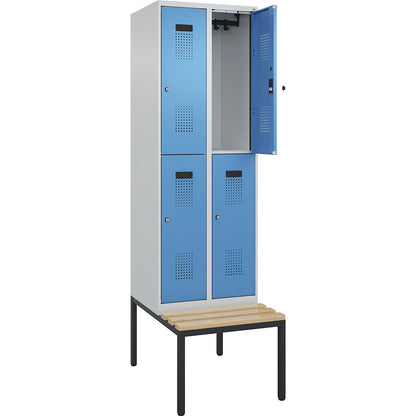 Evolo PLUS bench seat double deck clothes locker, 2 compartments, light grey / light blue, W 600 mm, cylinder lock, with bench fitted below, beech.