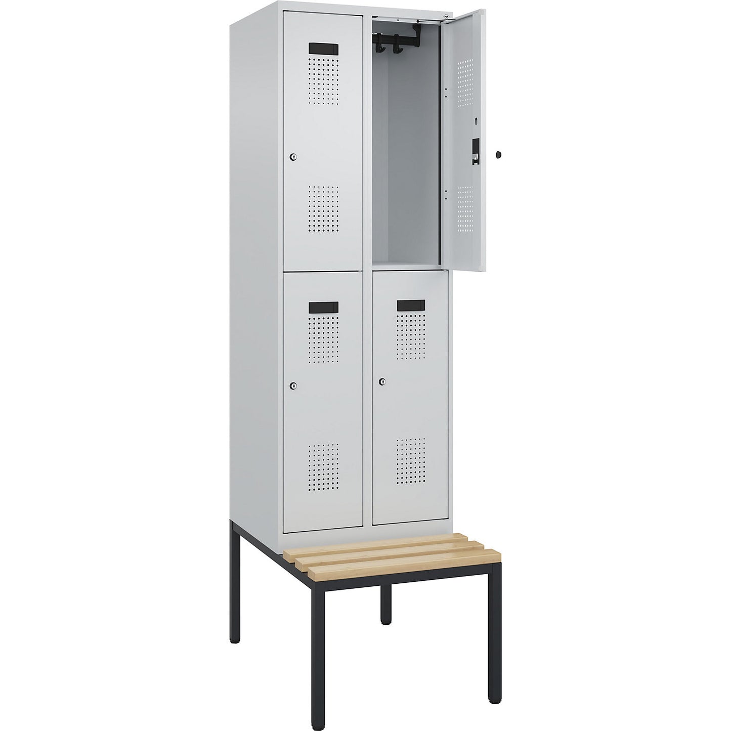 Evolo PLUS bench seat double deck clothes locker, 2 compartments, light grey / light grey, W 600 mm, cylinder lock, with bench fitted below, beech.
