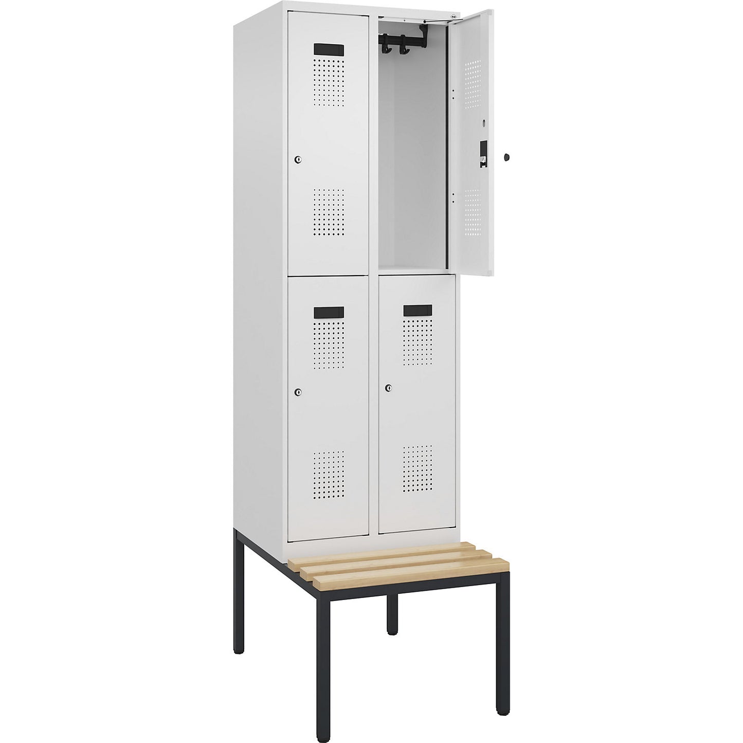 Evolo PLUS bench seat double deck clothes locker, 2 compartments, white, W 600 mm, cylinder lock, with bench fitted below, beech.