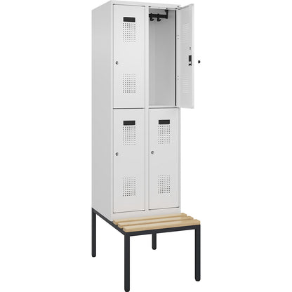Evolo PLUS bench seat double deck clothes locker, 2 compartments, white, W 600 mm, cylinder lock, with bench fitted below, beech.