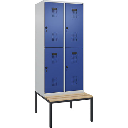 Evolo PLUS bench seat double deck clothes locker, 2 compartments, light grey / gentian blue, W 800 mm, security rotary bolt, with bench fitted below, beech.
