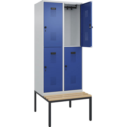 Evolo PLUS bench seat double deck clothes locker, 2 compartments, light grey / gentian blue, W 800 mm, security rotary bolt, with bench fitted below, beech.
