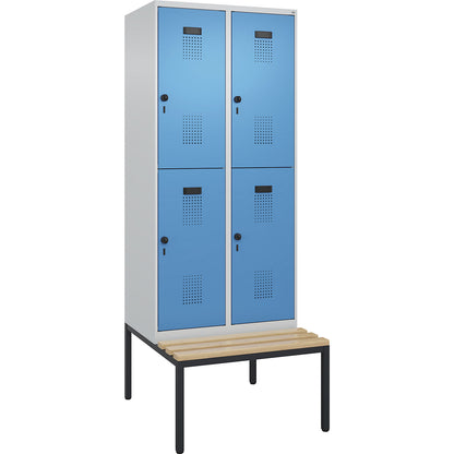 Evolo PLUS bench seat double deck clothes locker, 2 compartments, light grey / light blue, W 800 mm, security rotary bolt, with bench fitted below, beech.