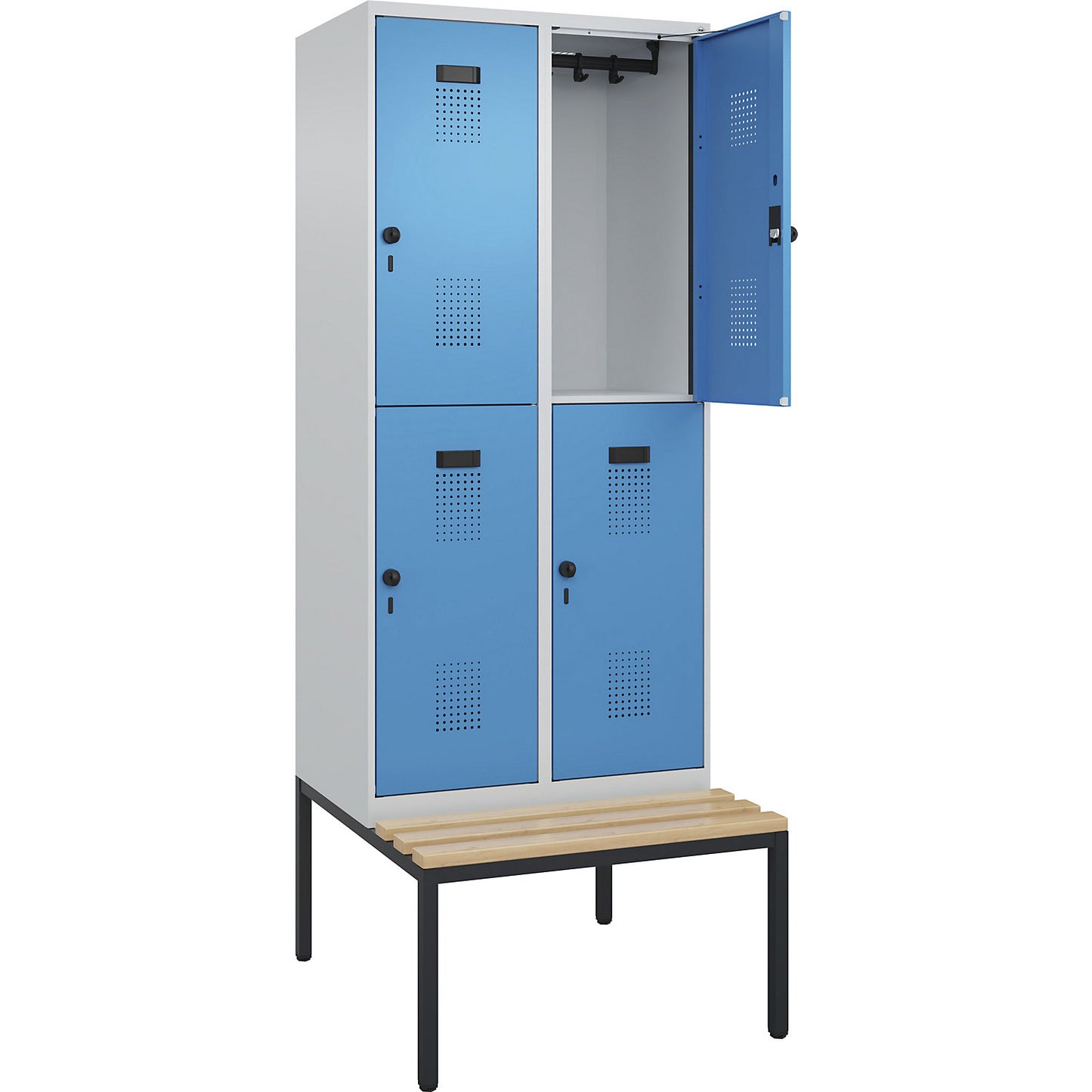 Evolo PLUS bench seat double deck clothes locker, 2 compartments, light grey / light blue, W 800 mm, security rotary bolt, with bench fitted below, beech.