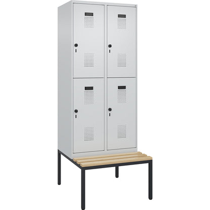 Evolo PLUS bench seat double deck clothes locker, 2 compartments, light grey / light grey, W 800 mm, security rotary bolt, with bench fitted below, beech.