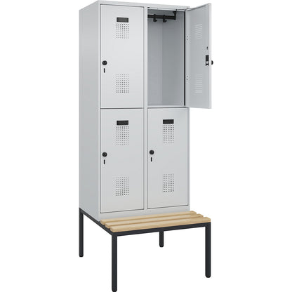 Evolo PLUS bench seat double deck clothes locker, 2 compartments, light grey / light grey, W 800 mm, security rotary bolt, with bench fitted below, beech.