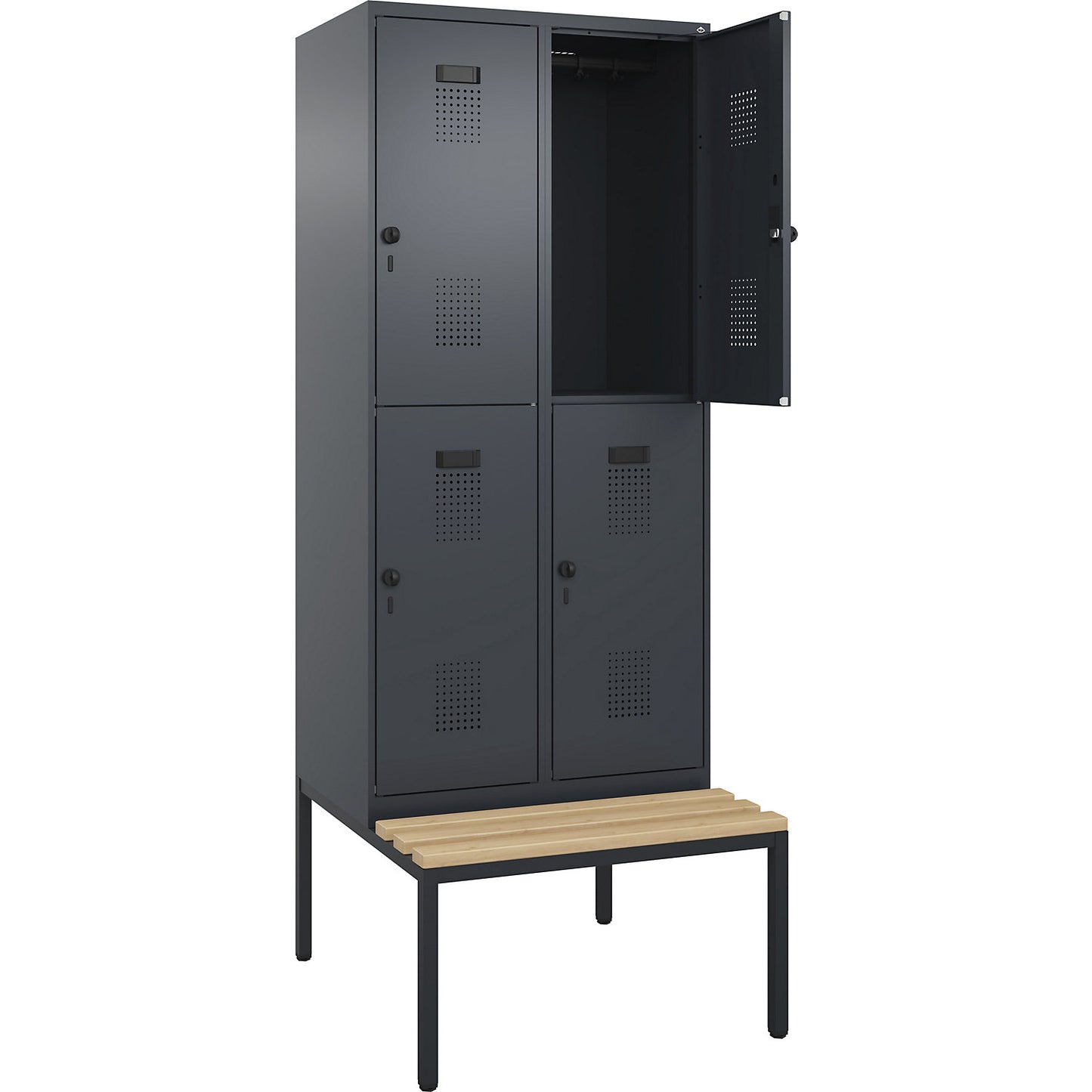 Evolo PLUS bench seat double deck clothes locker, 2 compartments, grey, W 800 mm, security rotary bolt, with bench fitted below, beech.