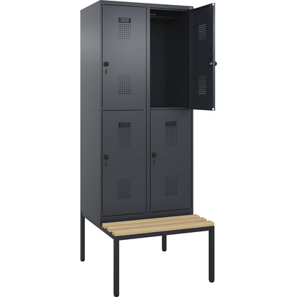 Evolo PLUS bench seat double deck clothes locker, 2 compartments, grey, W 800 mm, security rotary bolt, with bench fitted below, beech.