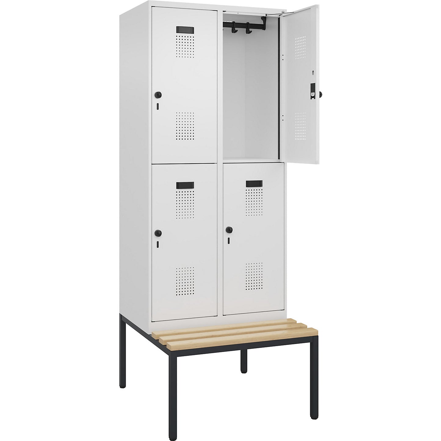 Evolo PLUS bench seat double deck clothes locker, 2 compartments, white, W 800 mm, security rotary bolt, with bench fitted below, beech.
