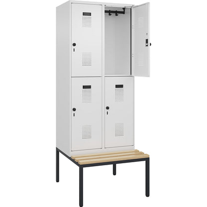 Evolo PLUS bench seat double deck clothes locker, 2 compartments, white, W 800 mm, security rotary bolt, with bench fitted below, beech.