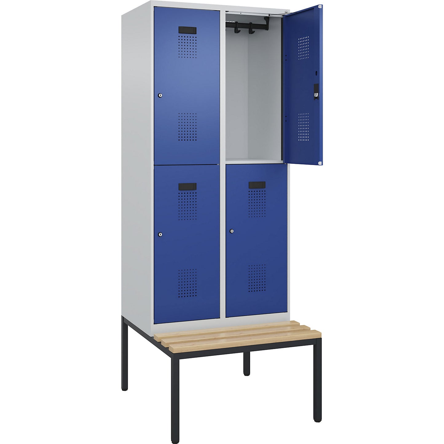Evolo PLUS bench seat double deck clothes locker, 2 compartments, light grey / gentian blue, W 800 mm, cylinder lock, with bench fitted below, beech.