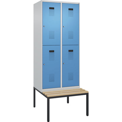 Evolo PLUS bench seat double deck clothes locker, 2 compartments, light grey / light blue, W 800 mm, cylinder lock, with bench fitted below, beech.