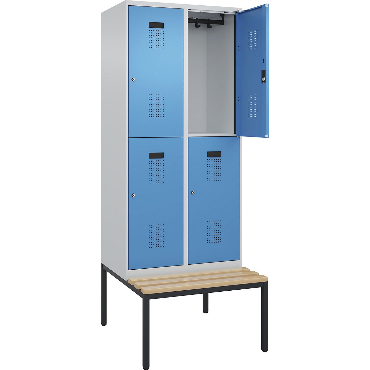 Evolo PLUS bench seat double deck clothes locker, 2 compartments, light grey / light blue, W 800 mm, cylinder lock, with bench fitted below, beech.