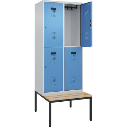 Evolo PLUS bench seat double deck clothes locker, 2 compartments, light grey / light blue, W 800 mm, cylinder lock, with bench fitted below, beech.