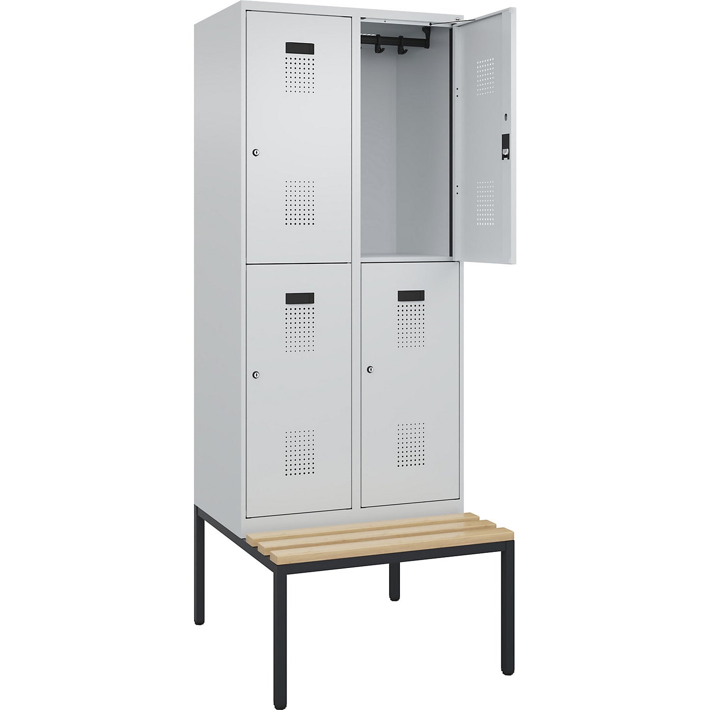 Evolo PLUS bench seat double deck clothes locker, 2 compartments, light grey / light grey, W 800 mm, cylinder lock, with bench fitted below, beech.