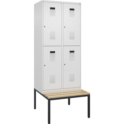 Evolo PLUS bench seat double deck clothes locker, 2 compartments, white, W 800 mm, cylinder lock, with bench fitted below, beech.