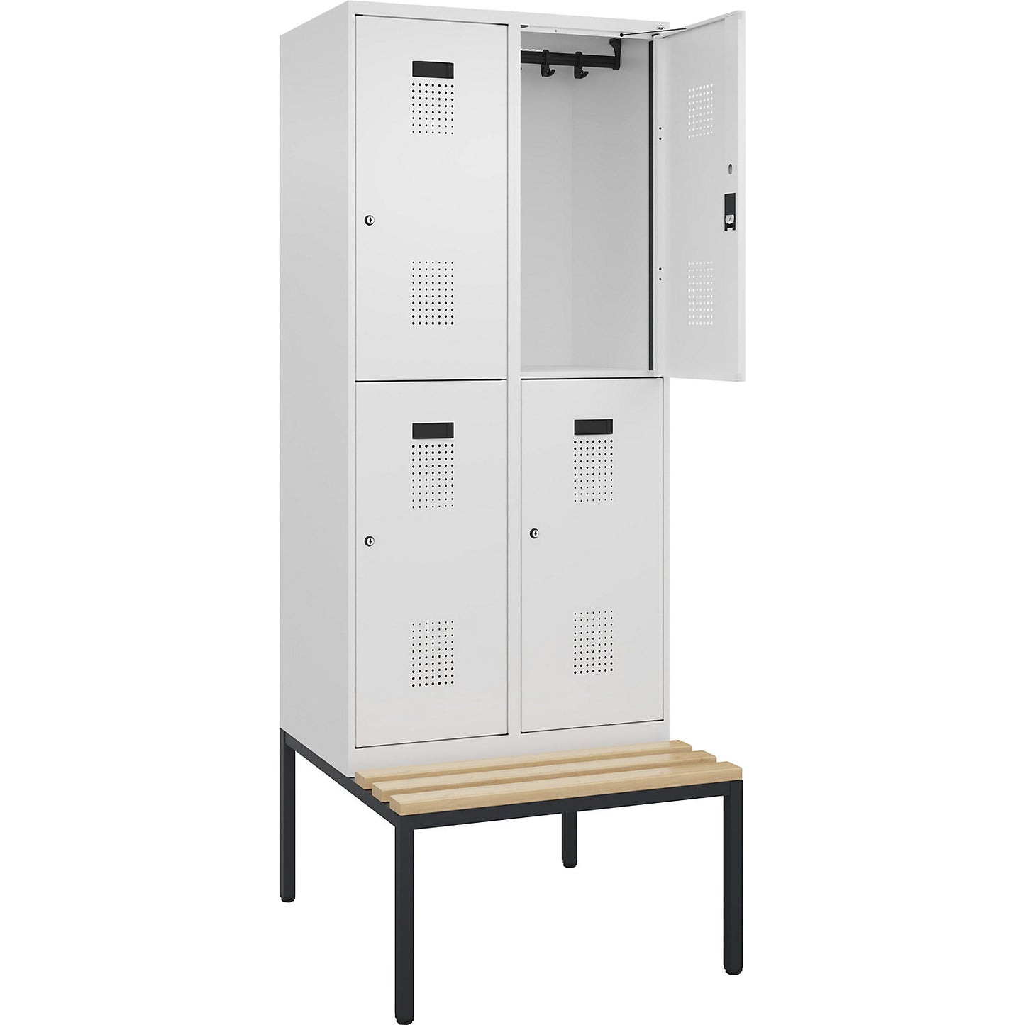 Evolo PLUS bench seat double deck clothes locker, 2 compartments, white, W 800 mm, cylinder lock, with bench fitted below, beech.