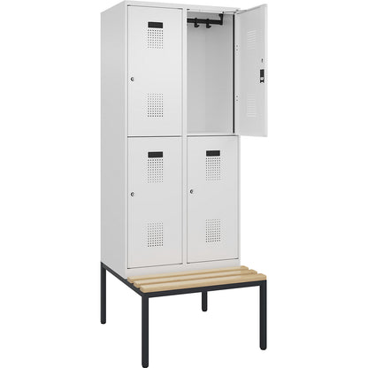 Evolo PLUS bench seat double deck clothes locker, 2 compartments, white, W 800 mm, cylinder lock, with bench fitted below, beech.