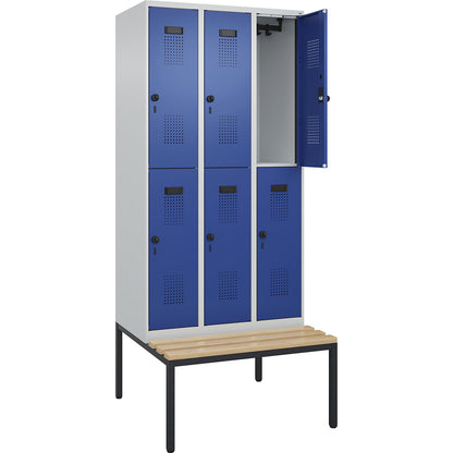 Evolo PLUS bench seat double deck clothes locker, 3 compartments, light grey / gentian blue, W 900 mm, security rotary bolt, with bench fitted below, beech.