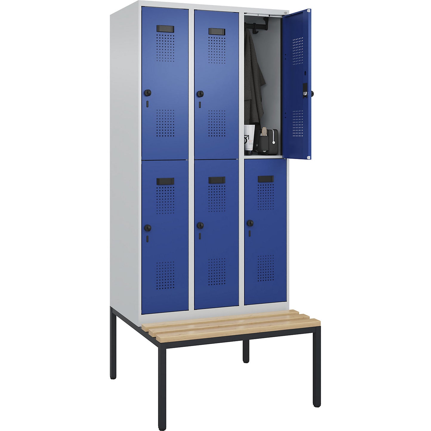 Evolo PLUS bench seat double deck clothes locker, 3 compartments, light grey / gentian blue, W 900 mm, security rotary bolt, with bench fitted below, beech.