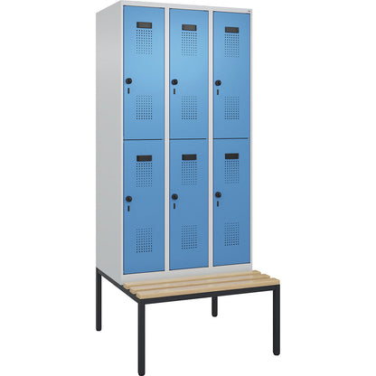 Evolo PLUS bench seat double deck clothes locker, 3 compartments, light grey / light blue, W 900 mm, security rotary bolt, with bench fitted below, beech.
