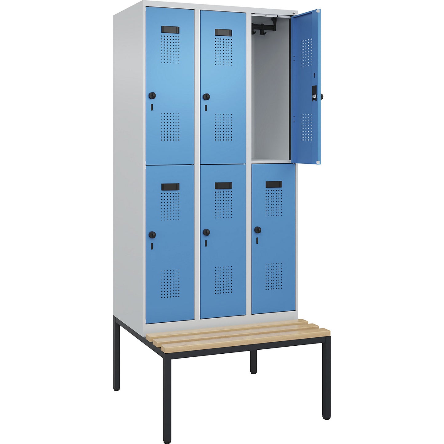 Evolo PLUS bench seat double deck clothes locker, 3 compartments, light grey / light blue, W 900 mm, security rotary bolt, with bench fitted below, beech.