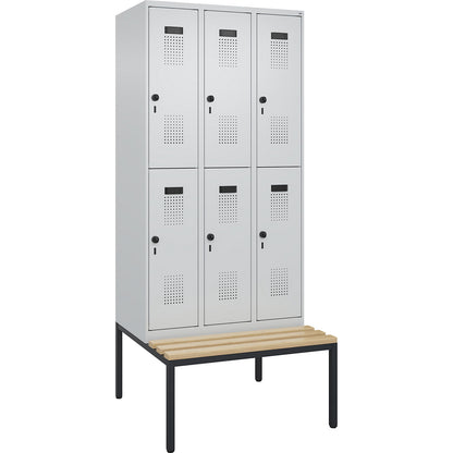 Evolo PLUS bench seat double deck clothes locker, 3 compartments, light grey / light grey, W 900 mm, security rotary bolt, with bench fitted below, beech.