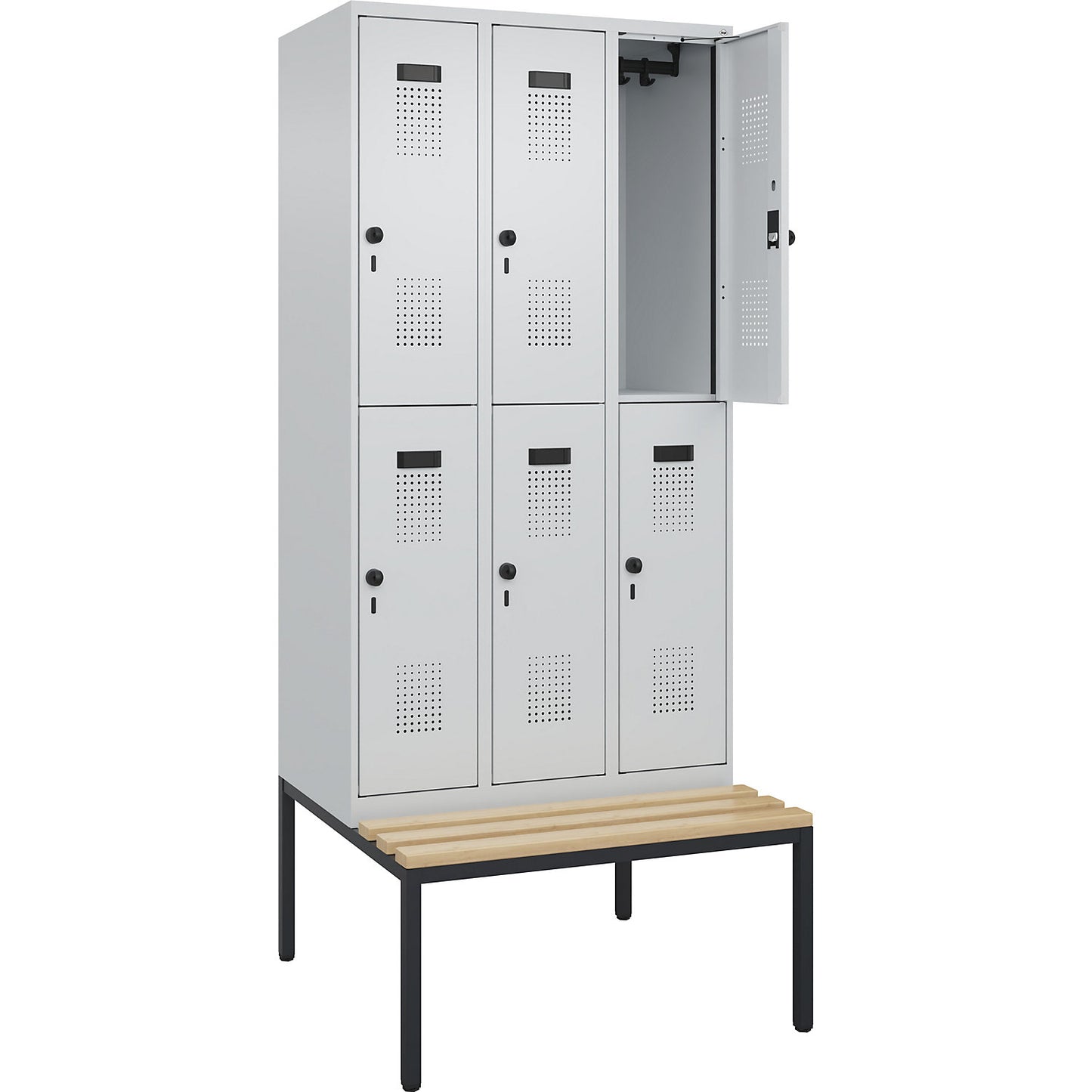 Evolo PLUS bench seat double deck clothes locker, 3 compartments, light grey / light grey, W 900 mm, security rotary bolt, with bench fitted below, beech.