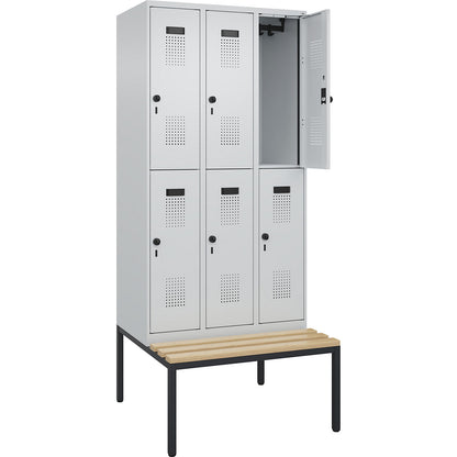 Evolo PLUS bench seat double deck clothes locker, 3 compartments, light grey / light grey, W 900 mm, security rotary bolt, with bench fitted below, beech.