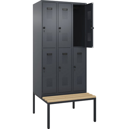 Evolo PLUS bench seat double deck clothes locker, 3 compartments, grey, W 900 mm, security rotary bolt, with bench fitted below, beech.